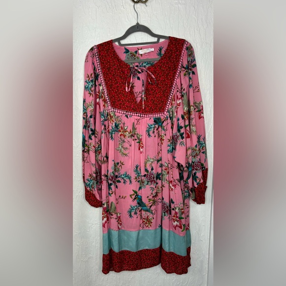 Johnny Was Malakye Pink & Red Long Sleeve Cover-Up Floral Dress Size Medium - Picture 3 of 9